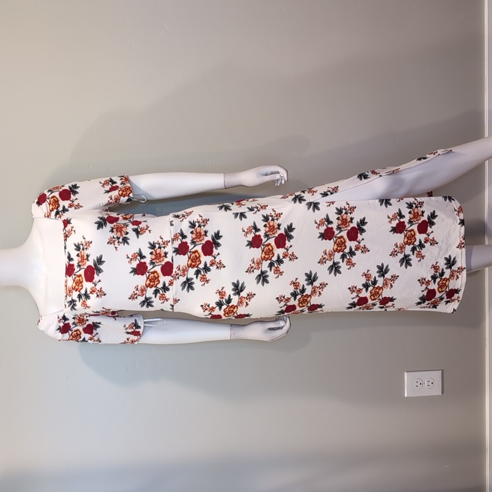 SHEIN White And Red Floral Square Neck Short Sleeve Slit Front Midi Dress XXL